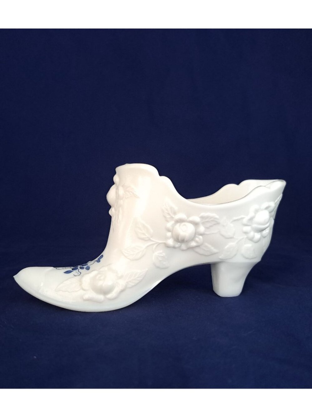 Fenton Cabbage Rose Slipper Shoe White Milk Glass Hand-Painted Signed Decorative